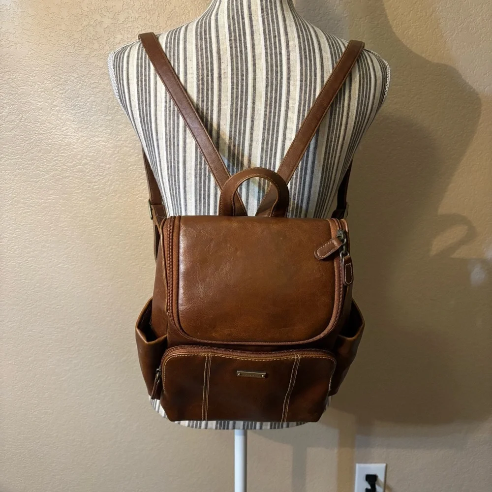 Connections Mini Backpack Tan Cognac Faux Leather Brass-tone Hardware Brown Intr